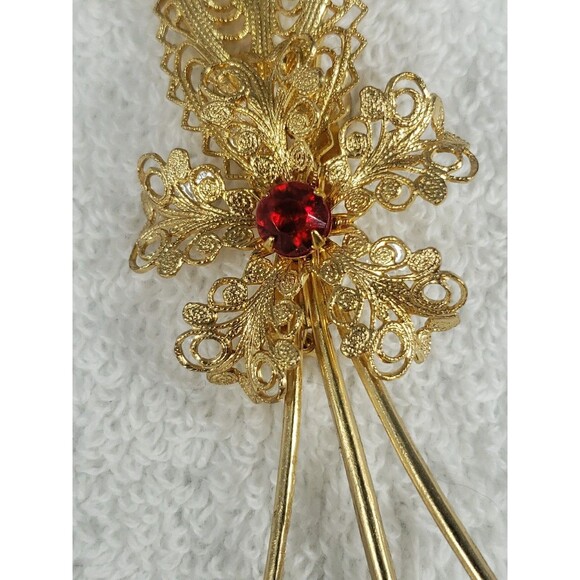 Vintage Gold Filigree Flower Pin Brooch Red Faux Ruby Stones Beautiful 3.5" - Picture 8 of 14